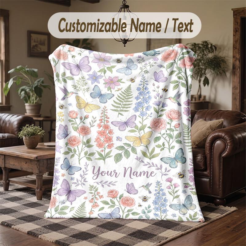 Floral Brain Cosmic Art Theme Throw Blanket Custom Name Text Personalized Blanket Soft Cozy Blanket for Home Sofa Bed