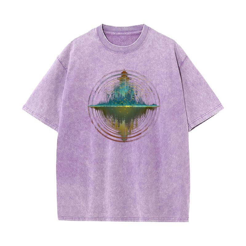 Geometric Sunset Forest Atmosphere ONeck Washed T Shirt NEW YEAR DAY Summer Tees Cute Cotton Fabric Washed Tee Shirts Unisexs