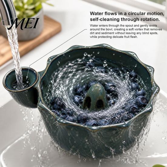 Fruit Vinegar Dipping Bowl Ceramic Berry Washing Bowl, with Side Pouring Spout And Drain Gift for Kitchen Enthusiasts Holes Design, Self Spinning