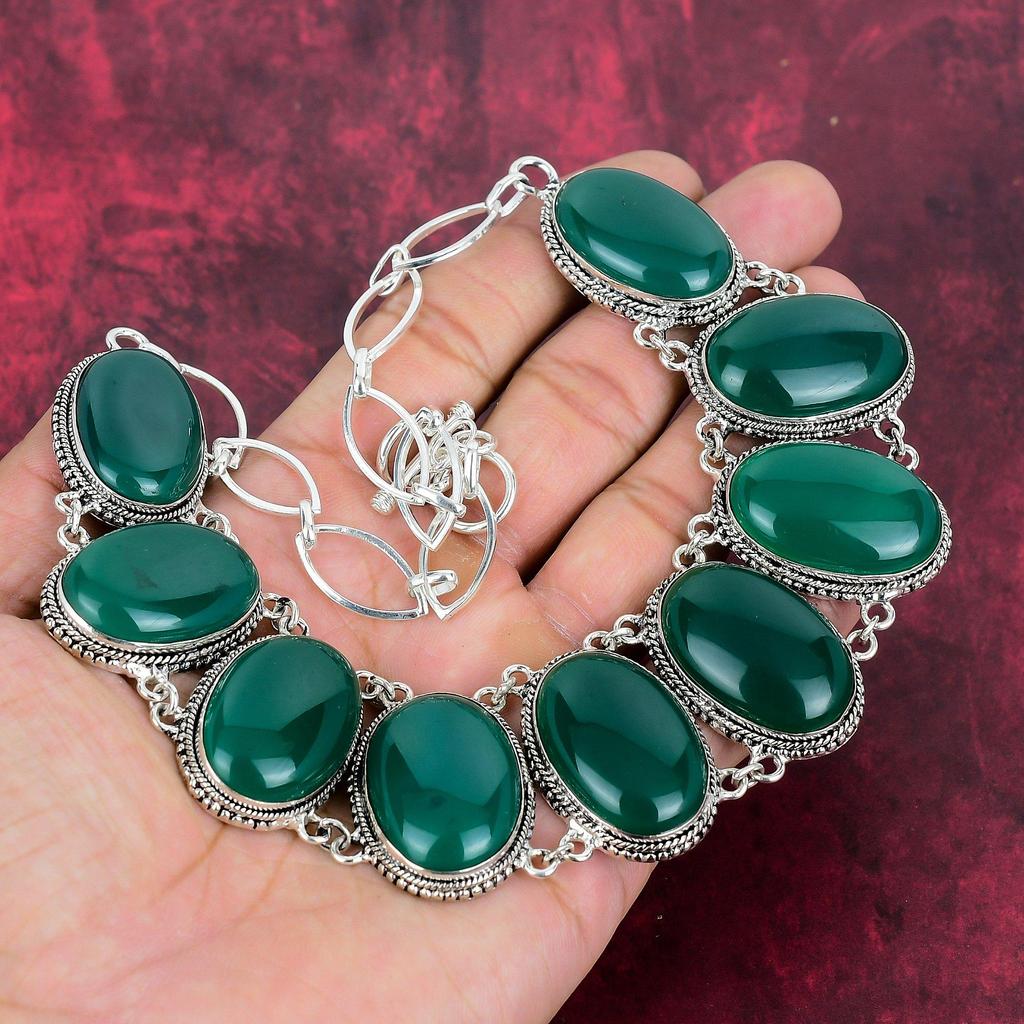 Ожерелье из чистого серебра 925 пробы с зеленым ониксом и регулируемой цепочкой, ювелирное ожерелье ручной работы из драгоценных камней на День памяти