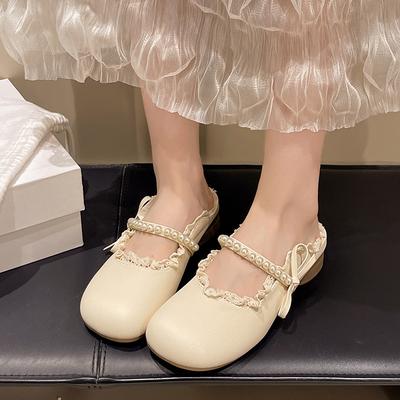 Модные туфли с круглым носком, винтажным бантом и низким каблуком, кожаные, летние, новые, баотоу, с мелким вырезом, с бисером, на мягкой подошве, туфли-лодочки Мэри Джейн