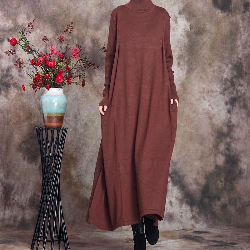 Johnature Women Vintage Knitted Dress Solid Color Half High Collar A-Line Autumn Soft Female Long Dresses