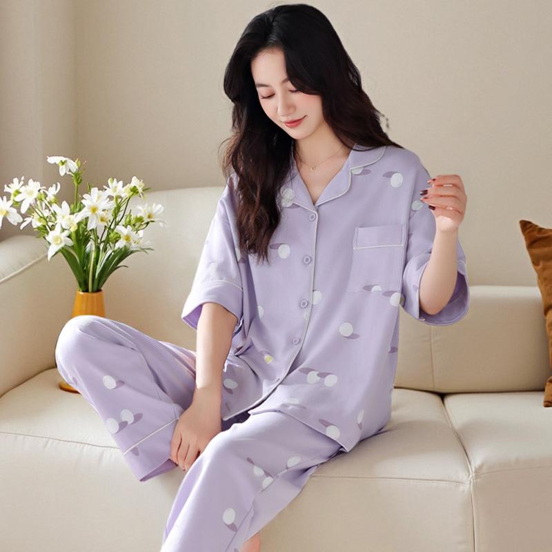 Pajamas women's high-end 1011 new summer women's fashion short-sleeved trousers cotton can be worn outside loungewear