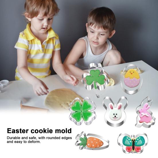 7Pcs/Set Easter Cookie Cutter Bunny Egg Carrot Flower Shamrock Shape Food Grade Stainless Steel Press Biscuit Cutting Mold Kit Kitchen Baking Tools