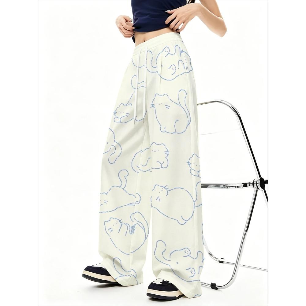 Women's fashion wide-leg pants, light blue lines, clean cream backing, multi-pose cat full-print trousers
