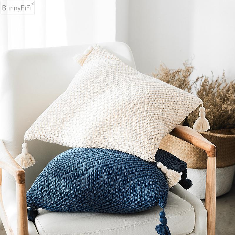 New Knitted Geometric Cushion Cover Case Vintage Grey Pillow Ivory Tassels 45cm*45cm Soft Home Decorative Pillow cover