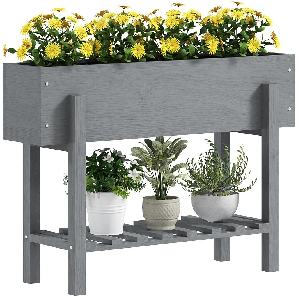 Raised Planter with Bottom Shelf and Two Drainage Holes. Made of Fir Wood. 100x30x70.5cm. Grey