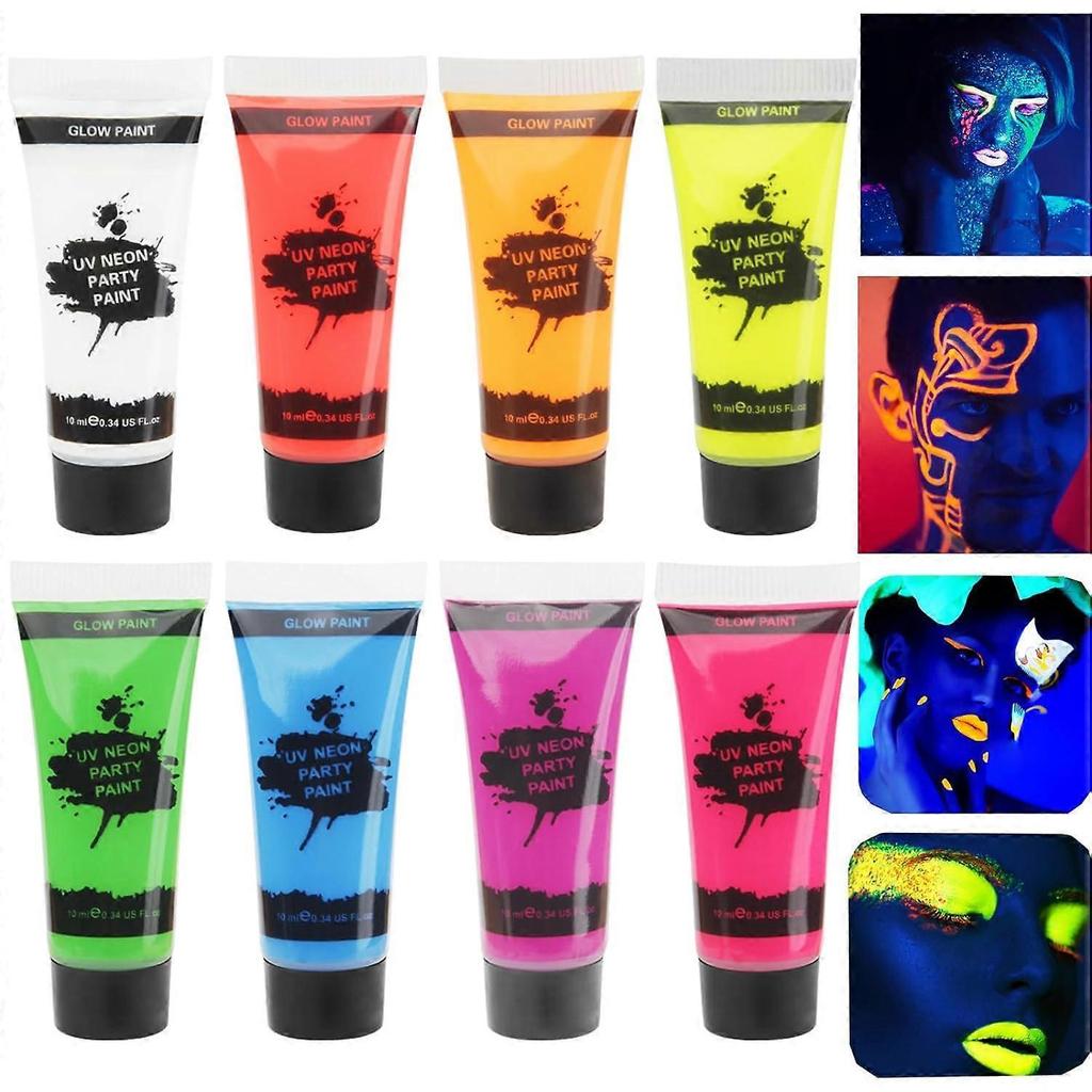 Glow UV Blacklight Face Paint,Neon Body Paint Set of 8 Tubes Blacklight Reactive Paints, DarkPaint Neon Party Supplies