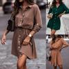 Autumn/Winter Solid Color Waist-Tie Button Roll-Up Sleeve Dress