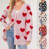Heart Knitted Medium Long Jacket V-neck Button Up Cardigan For Women