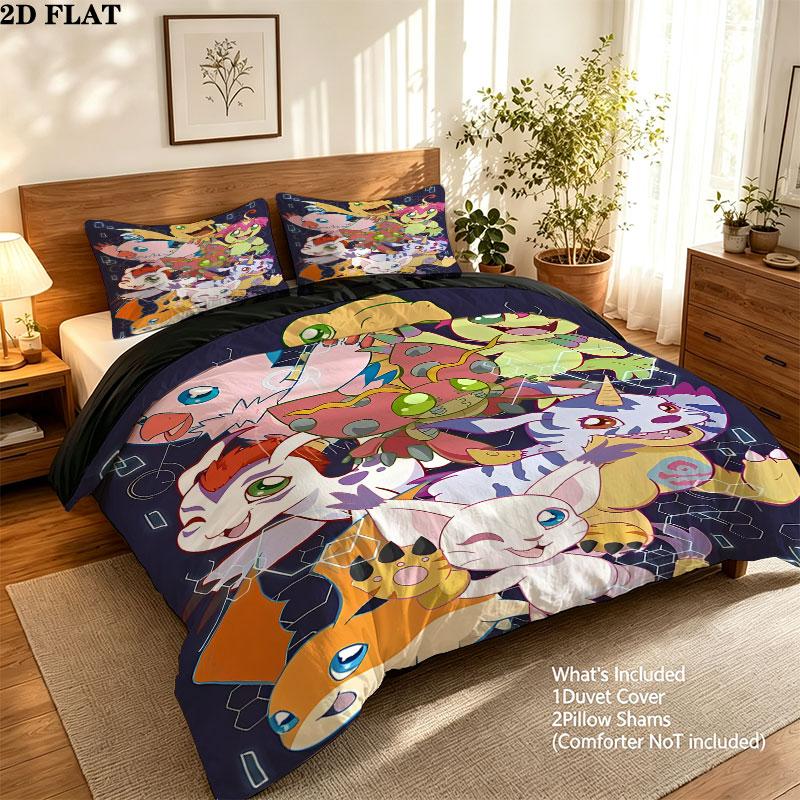 Digimon Adventure Pattern Bedding Quilt Set Quilt Cover Pillowcase Home Birthday Gift(1 * duvet cover + 2 * pillowcase, without core)