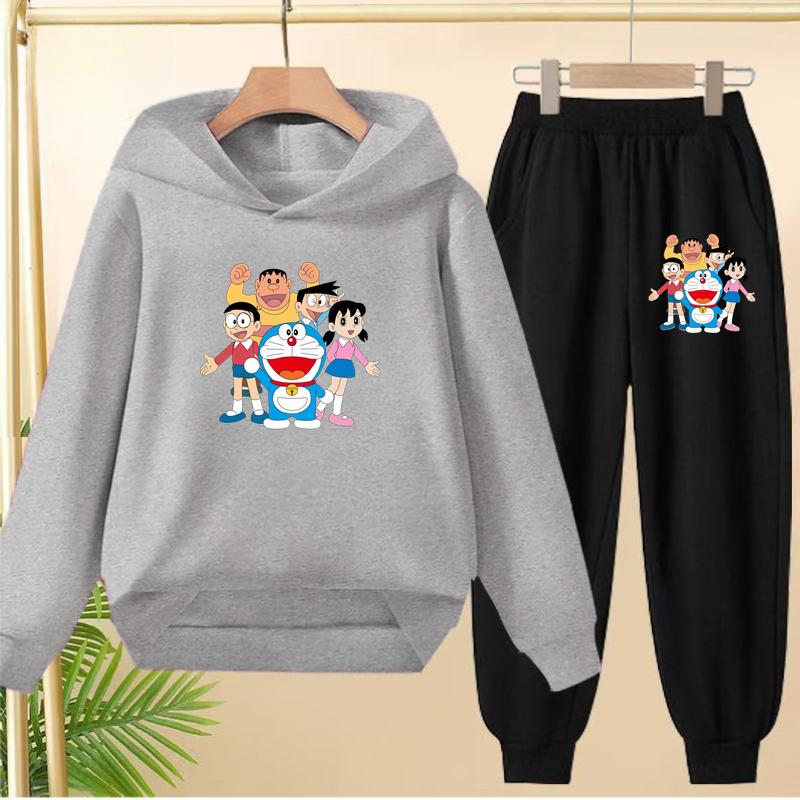 Doraemon Winter Warm Children's Hoodie Set, Casual Sporty Hooded Long Shirt and Long Pants Suitable for Boys Girls Aged 3 to 12