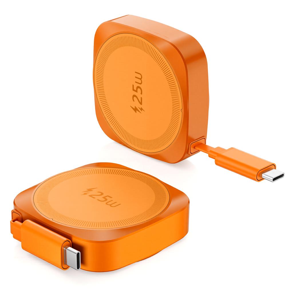 25W Pocket Magnetic Wireless Charger for iphone 16 /17 Type c Charging Adapter with Retractable Cable CE RoHS FCC Certificated