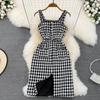 Autumn Winter Little Fragrance Retro Spaghetti Strap Plaid Dress Women Sleeveless Tweed Dresses