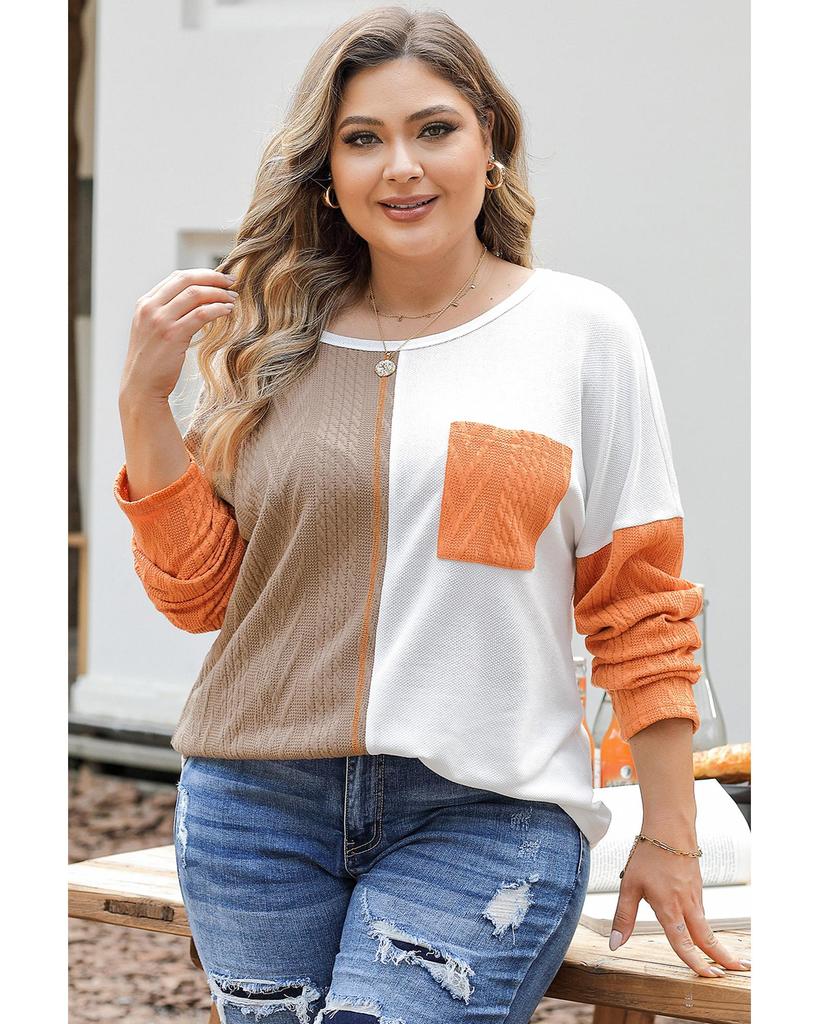 Azura Exchange Chestnut Plus Size Color Block Textured Patchwork Top with Pocket