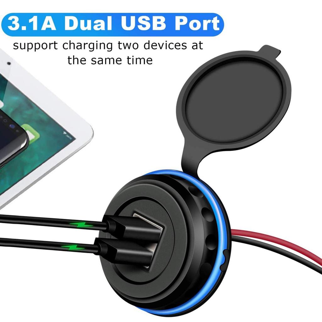 Presa per caricabatteria da auto doppia USB con indicatore presa di corrente 12v 24v 3.1A per auto, barca, veicolo, autobus, camper, ATV (Installazione a montaggio superficiale)