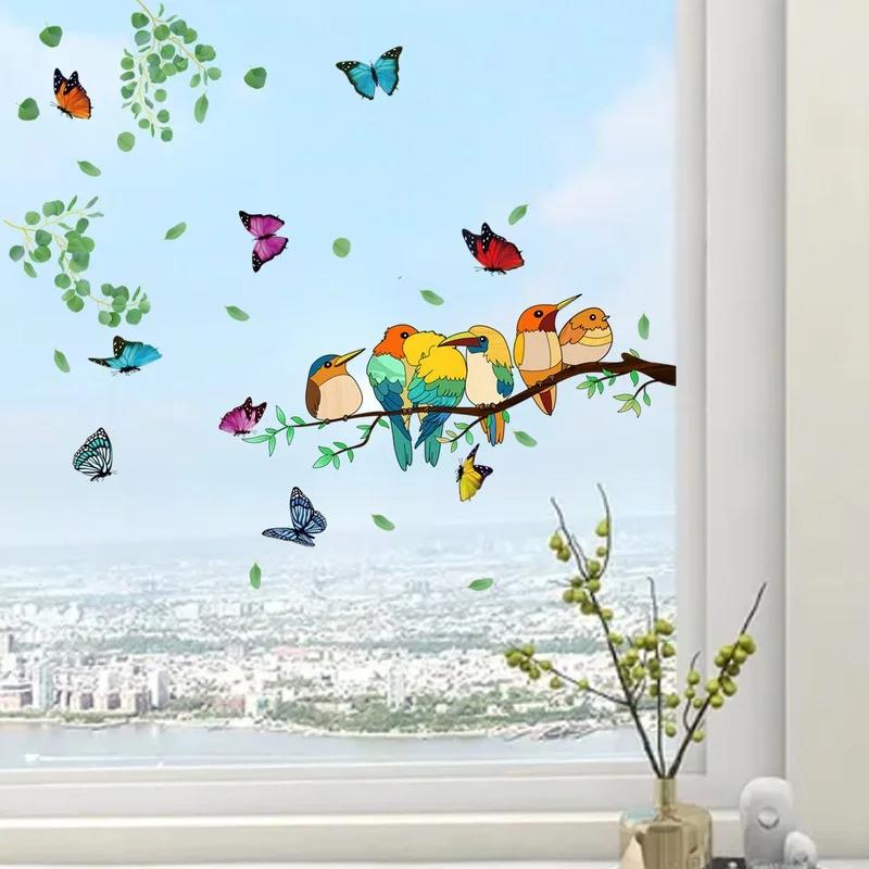 Double-sided Branch Colorful Bird Butterfly Wall Sticker Electrostatic Glass Sticker Window Visual Decorative Wall Sticker