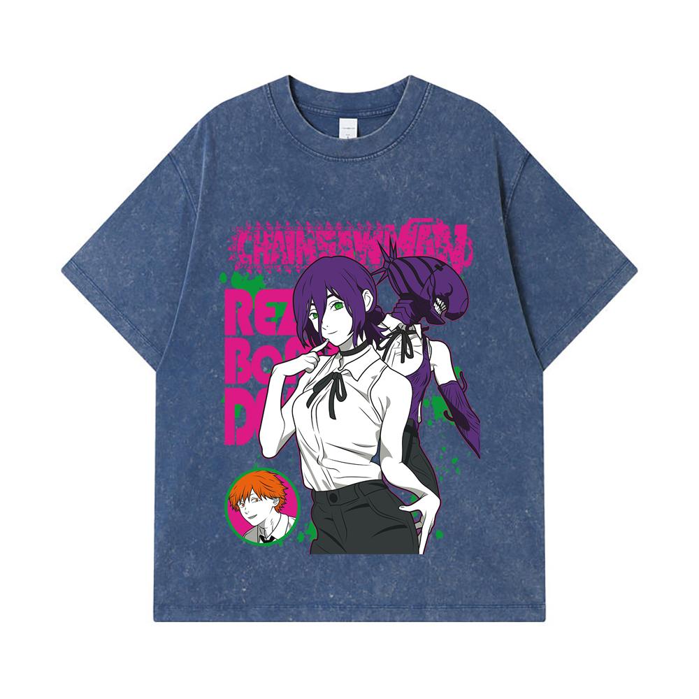 275 GSM Washed T-shirts 100% Cotton Chainsaw Man V44 Reze Print Unisex Heavy Cotton T Shirt