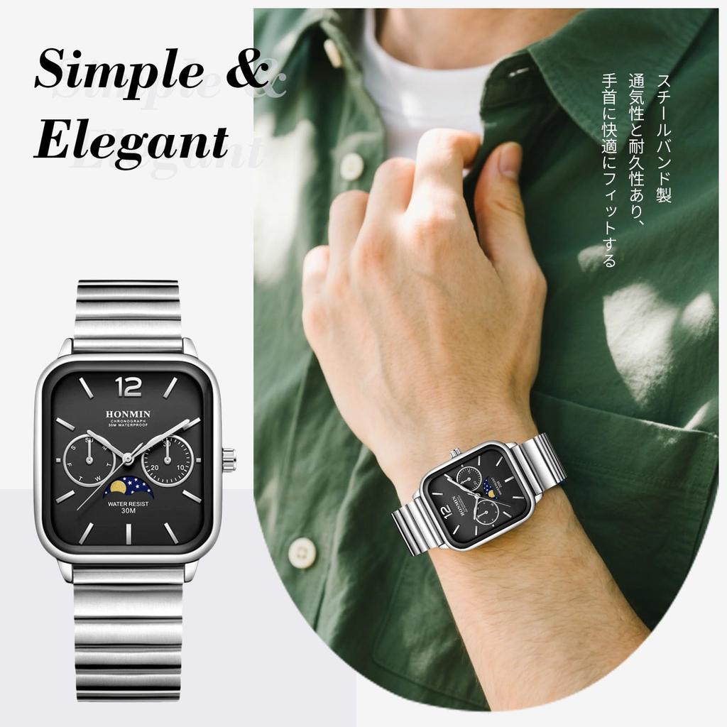 RORIOS Мужские квадратные аналоговые часы с индикацией Солнца, Луны и Звезд, индикацией даты и дня недели, водонепроницаемые, многофункциональные часы с браслетом из нержавеющей стали,