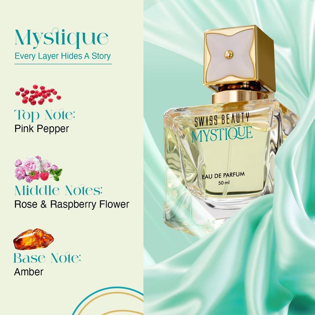 Swiss Beauty Mystique EDP | Стойкий | Для повседневного использования | Верхняя нота: Розовый перец | Средние ноты: Цветы розы и малины | Базовая нота: амбра