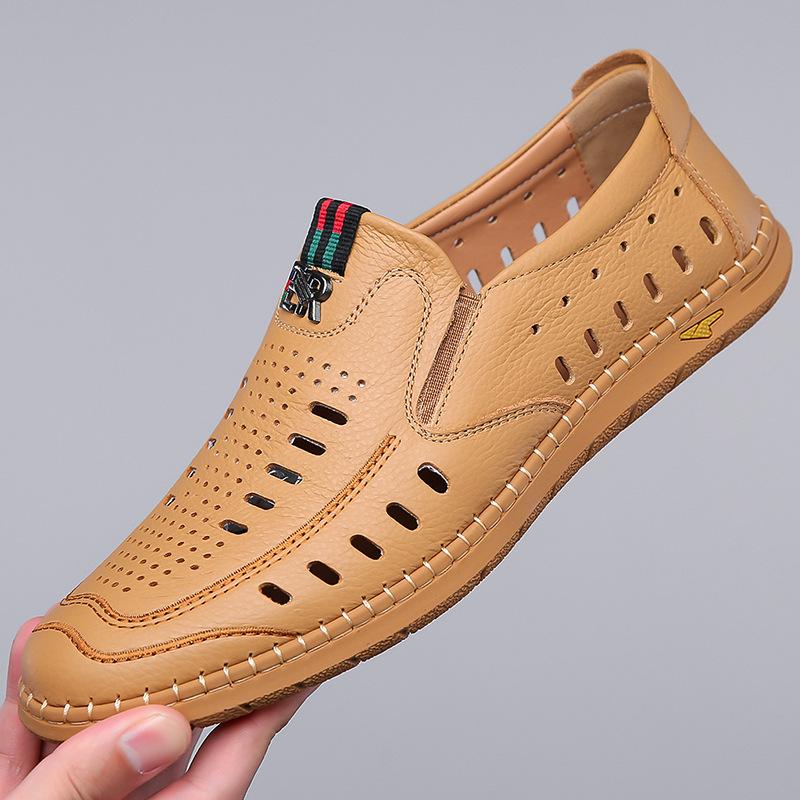 Men'S Sandals Leather Business Hollow Punching Men'S Shoes Soft Sole Hole Dad Leather Shoes White