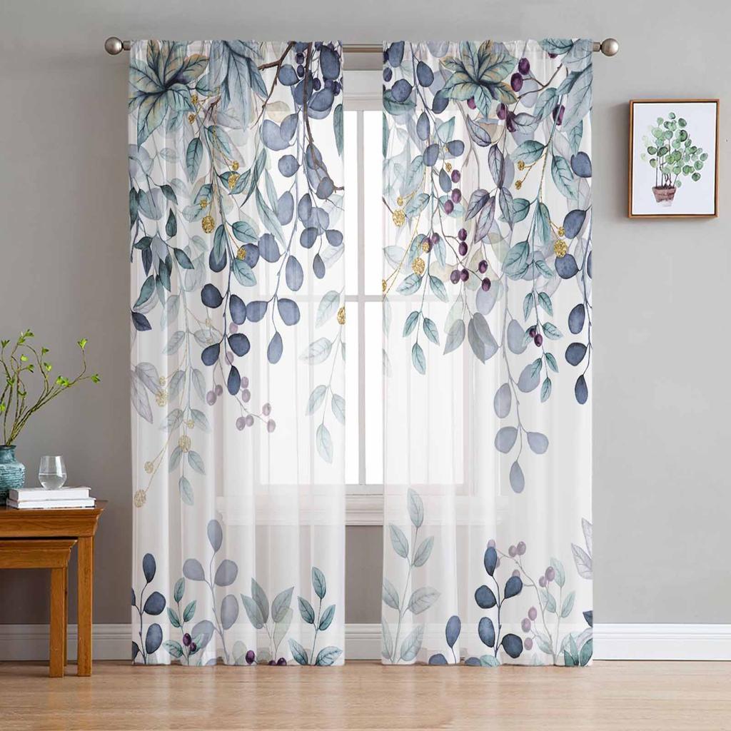 Abstract Sage Green Leaves Branches Sheer Curtains for Living Room Decoration Window Curtain Kitchen Tulle Voile Organza Drapes