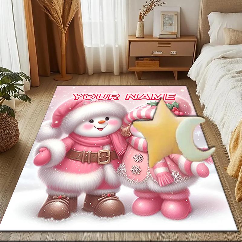 1PC Custom Name Snowman Couple In Pink Winter Hats Theme Floor Mat Ideal for Living Room, Game Rooms, Office, Bedroom,Floor Mat Playful Design119