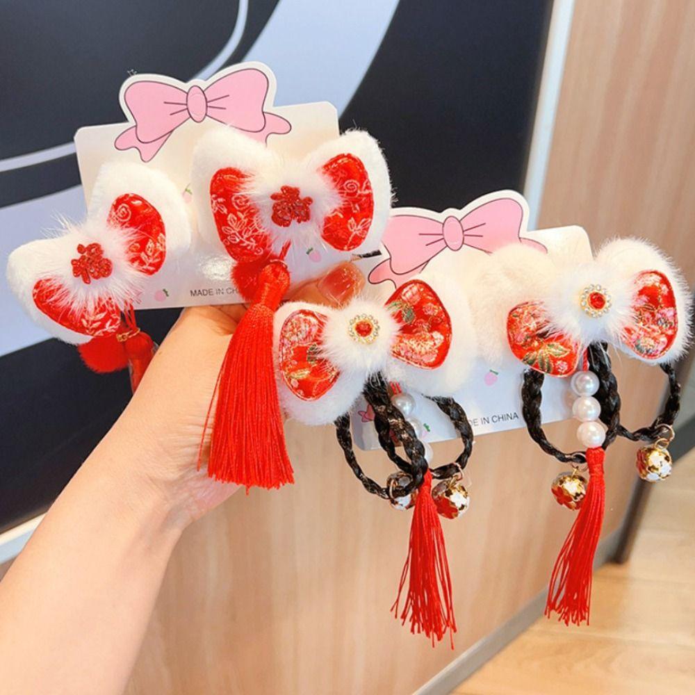 2 шт., заколка для волос в китайском стиле с красным бантом, головной убор ханьфу, новогодняя заколка сбоку, детская заколка для волос
