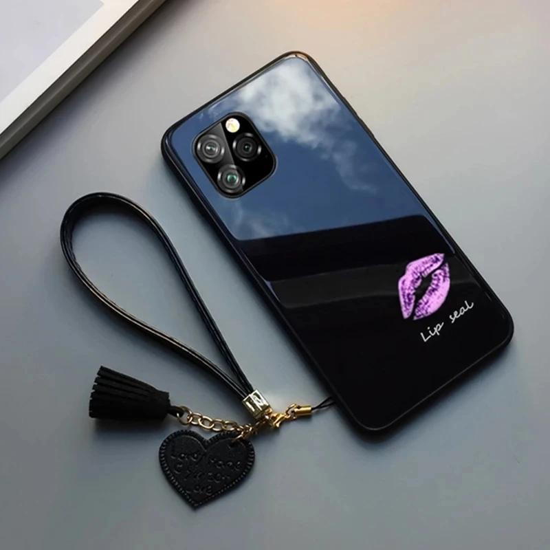 Модный чехол для телефона из закаленного стекла с рисунком губ для OPPO Reno 11 Pro 10 Pro Plus, противоударная жесткая задняя крышка для Reno 9Pro Plus со шнурком с кисточкой