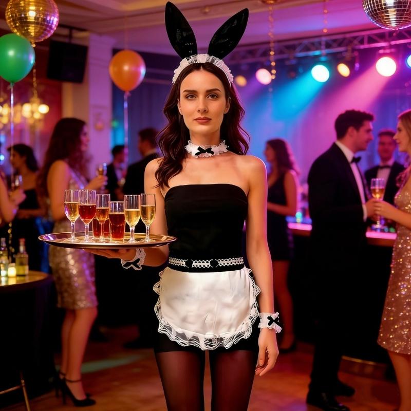 5Pcs Womens Bunnies Costume Accessories Set Rabbit Ears Headband Bows Tie Collar Cuffs Apron Maid Outfits for Womens