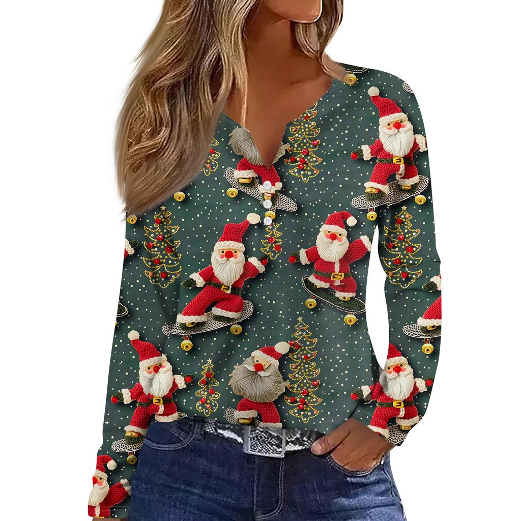 Женская модная повседневная футболка с V-образным вырезом, на пуговицах, с длинным рукавом, с рождественским принтом
