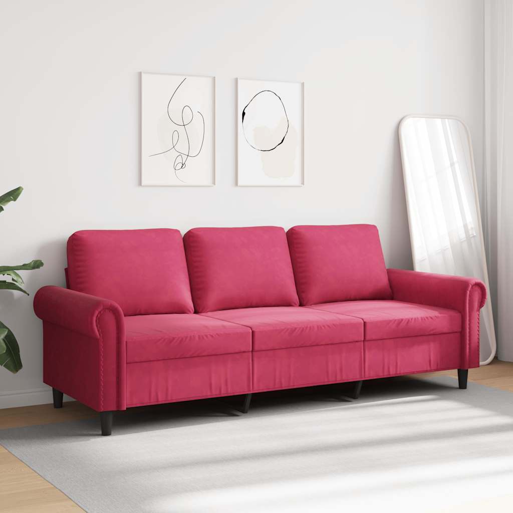 Vidaxl Sofa 3-Osobowa, Winna Czerwień, 180 Cm, Obita Aksamitem