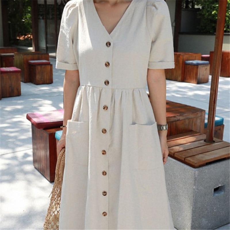 Свободное женское платье, летнее, повседневное, однотонное, однобортное, с карманами, женские платья