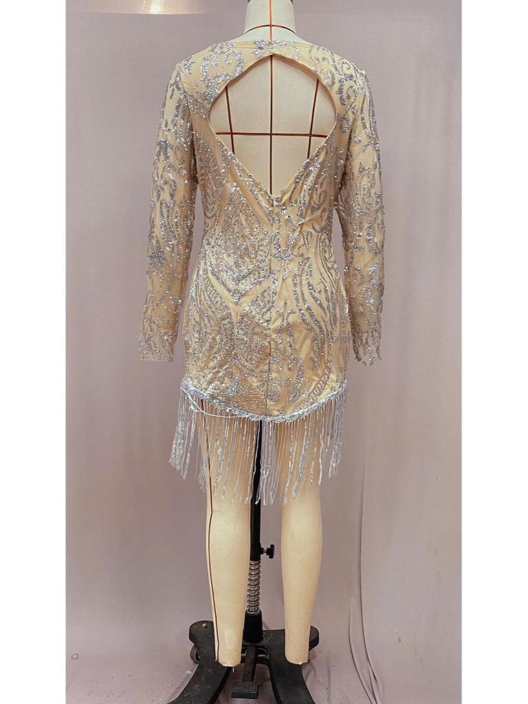 Весеннее европейское и американское платье-миди для пригородных поездок 2025 года с золотыми пайетками и кисточками