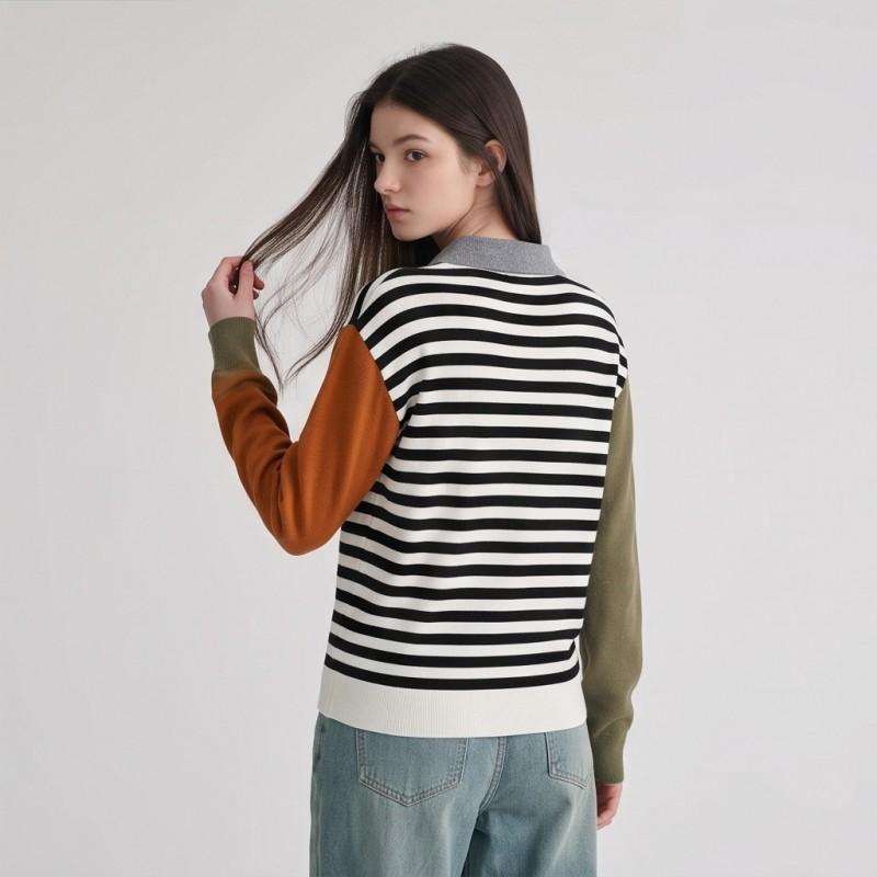 Womens Black White Striped Knit Polo Sweater Long Sleeve Fall Casual Top