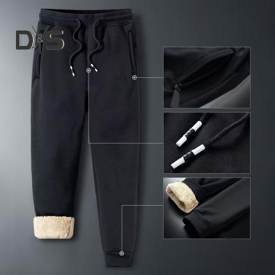 Winter Men Pants Thick Plush Drawstring Elastic Waist Heat Retention Zipper Pockets Plus Size Ankle-banded Solid Color Warm Sport Travel Work Trousers
