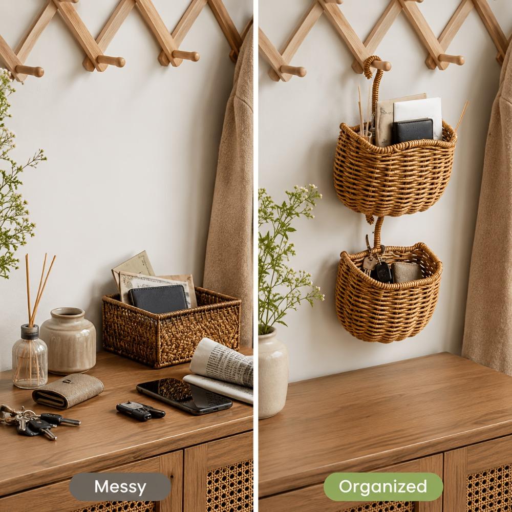 Plastic Wall Hanging Basket Woven Design Fruit Vegetable Holder Woven Storage Basket for Kitchen