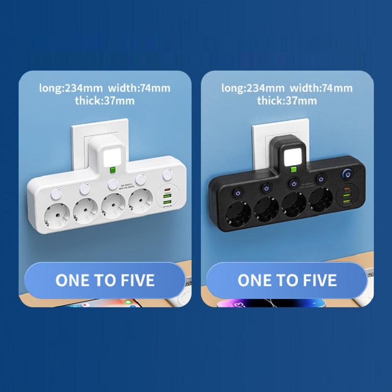 Сетевой фильтр с вилкой EU, розетками AC, портами USB и Type-C, два варианта исполнения, независимые выключатели и небольшой ночник