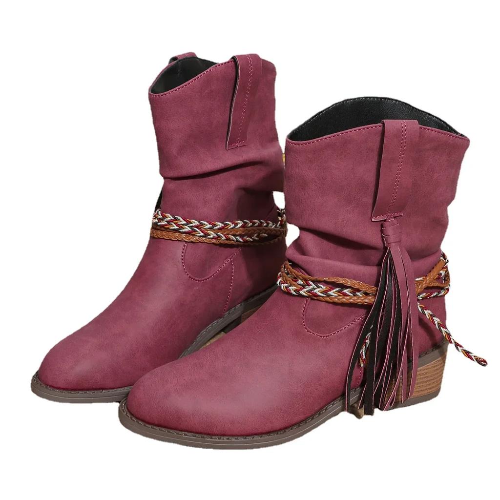 Pirate Boots Woman Pleated Tassel Mid-calf Boots Women Pointed Toe Chunky Heel Short Boots Female Slip-on Boots Plus Size 43