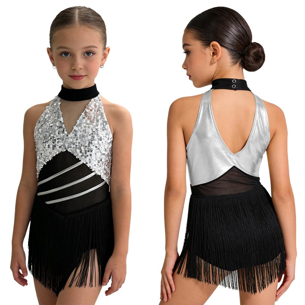 Kids Girls Cha-cha Salsa Latin Dance Costume Shiny Sequins Halter Sleeveless Mesh Waist Keyhole Metallic Back Tassels Leotard Dancewear