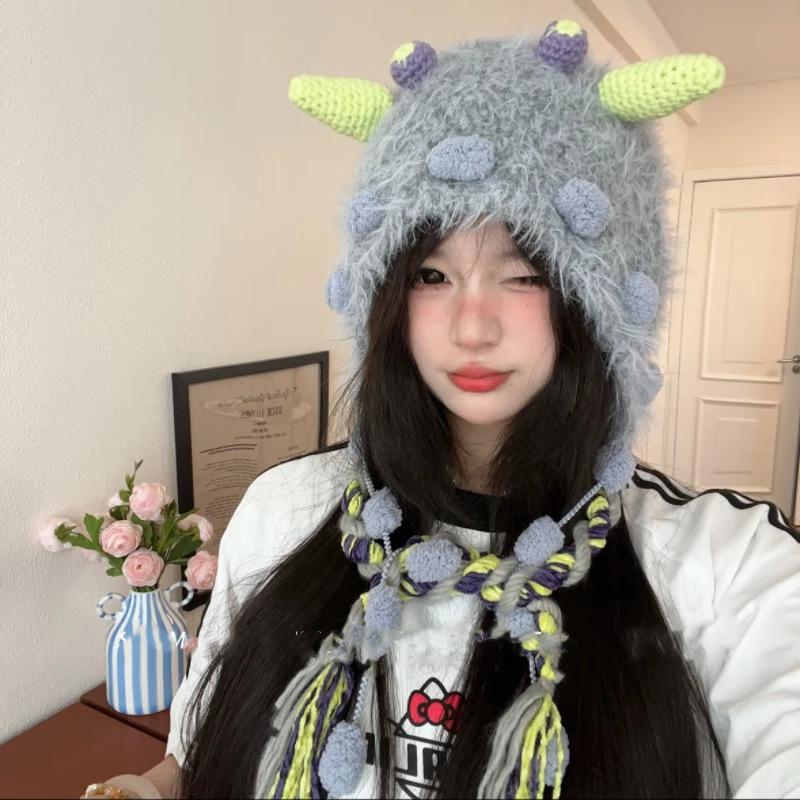 Knitted wool hat female winter plush little monster thermal ear straps Lei Feng hat adult cartoon thermal hat