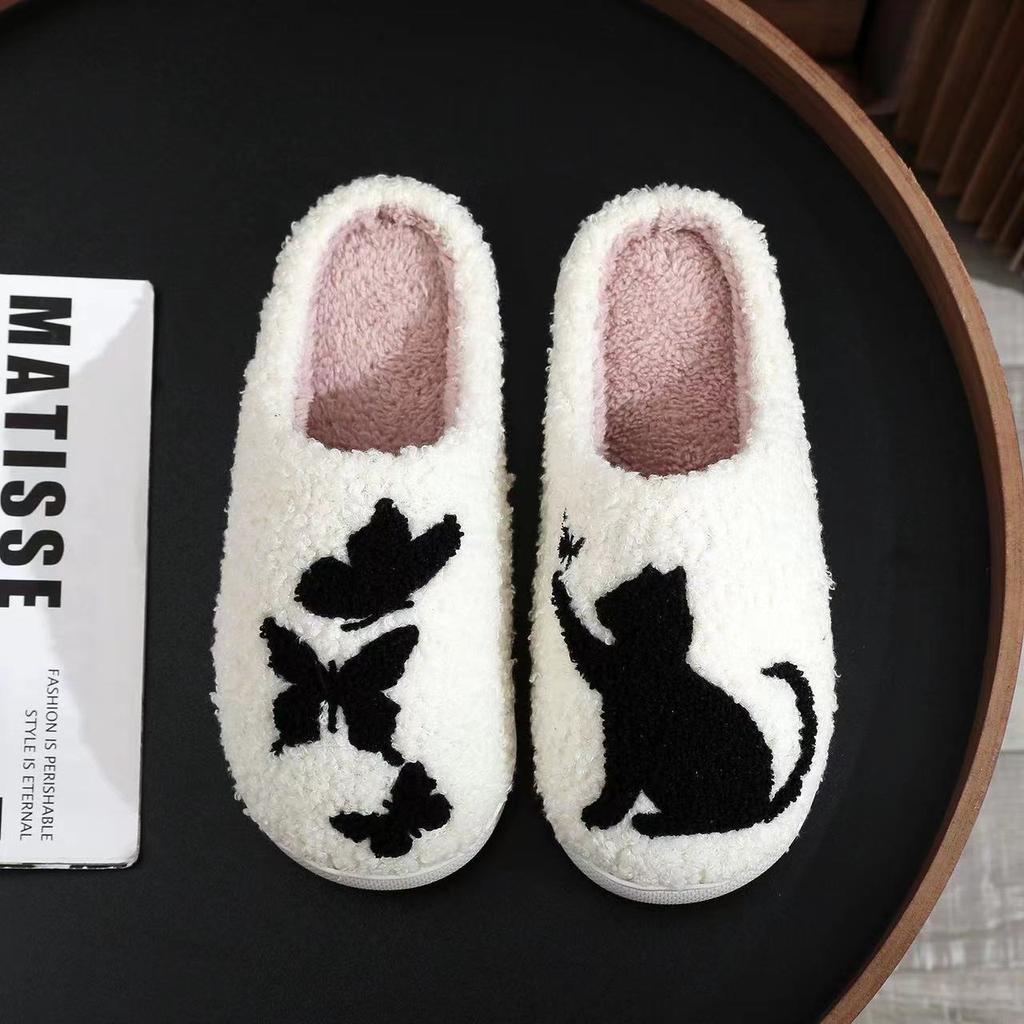 2025 Lovely Cat Embroidery Stuffed Slippers Home Men Women Furry Shoes 2024 Autumn Winter Fur Slides Fuzzy Fun Animal Pet Slippers