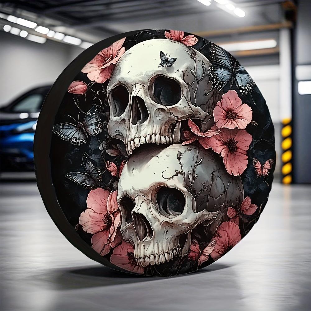 1pc, Bags For Collecting Spare Tires Featuring Two Frightening Skulls Encircling Flowers. Made Of Fabric, No Electricity Require