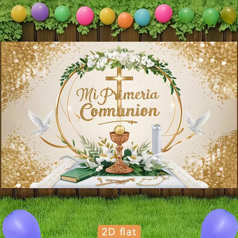 2D Mi Primera Comunion Celebration Background, Chalice & Dove Decor