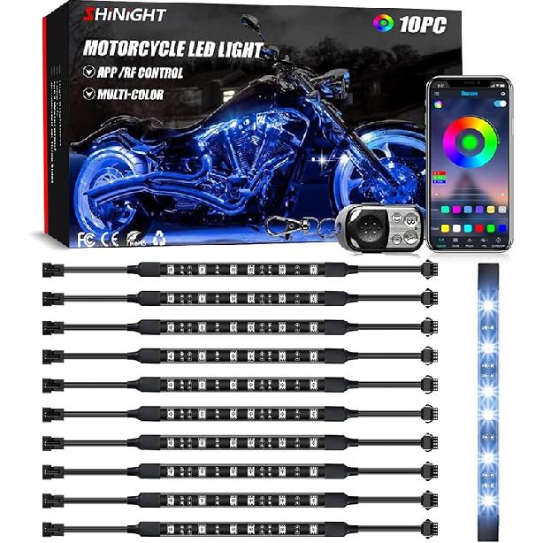 SHINIGHT 8 Pcs Motorcycle LED Light Kits, App Control Multicolor Waterproof Motorcycle LED Strip Lights With RF Remote, Music Sync & Multiple Scene