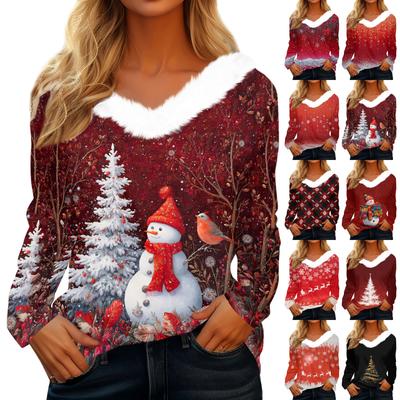 Рубашки с длинным рукавом для женщин Милые топы Рождественские принты Футболки Блузки Повседневные топы больших размеров Базовые топы Пуловеры