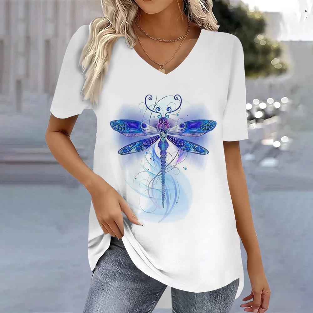 Футболки с принтом бабочки 3D, летние женские футболки с V-образным вырезом, модные женские рубашки и блузки 2025 года, футболки, женская одежда больших размеров