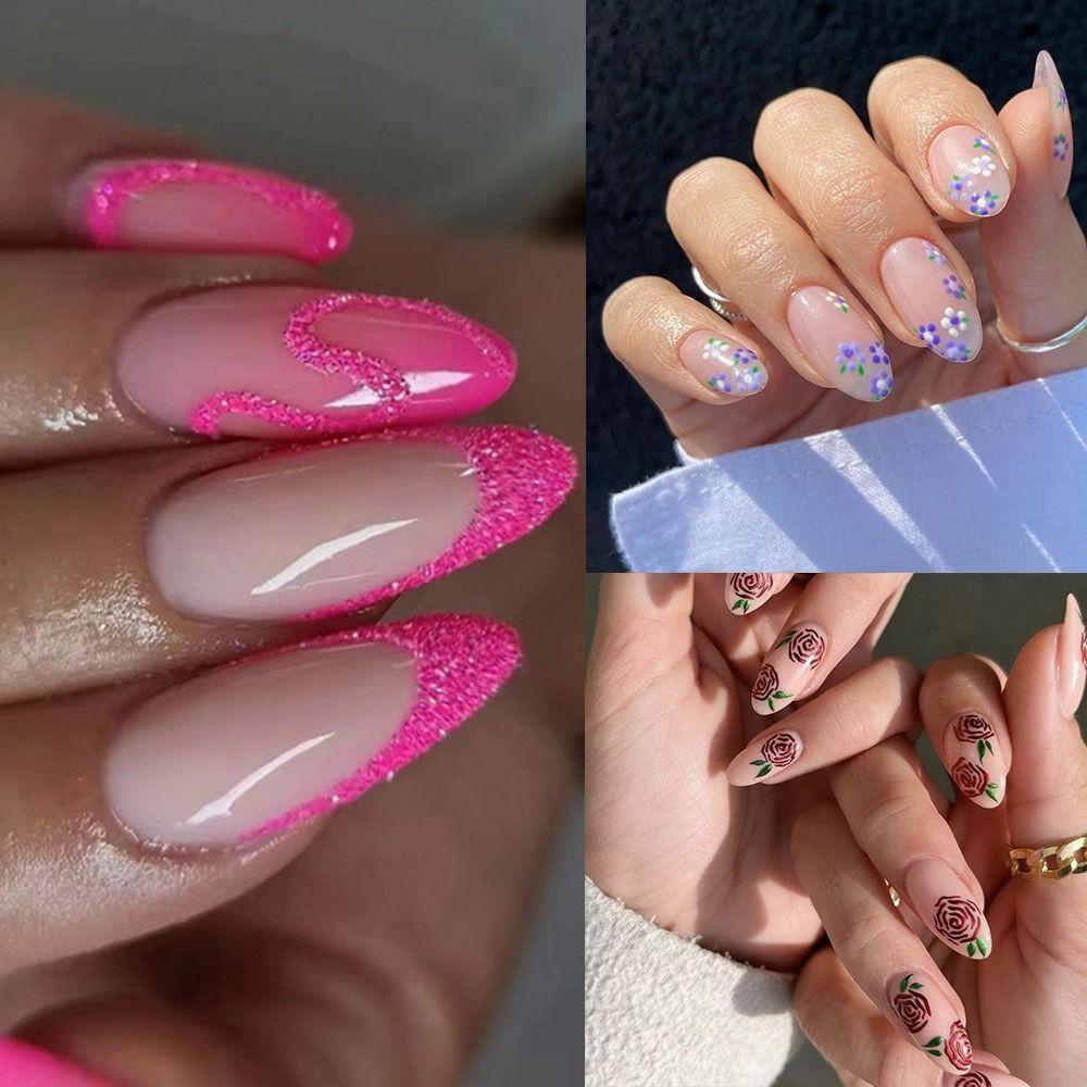 Long Almond False Nails FrenchGlitter Nail Tips Manicure Press on Nails  DIY