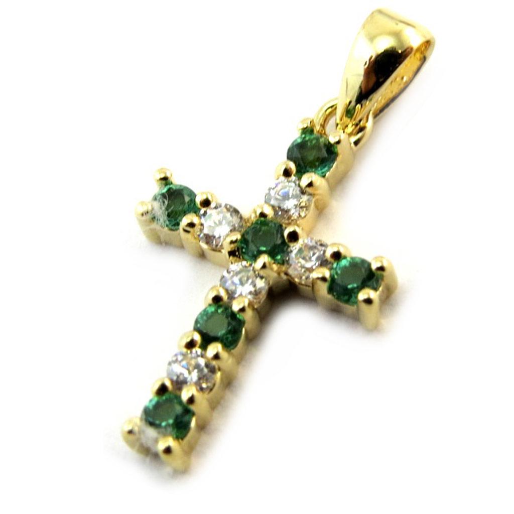 Les Trésors De Lily [N4056] - Gold Plated 'Cross' Emerald White Golden Pendant