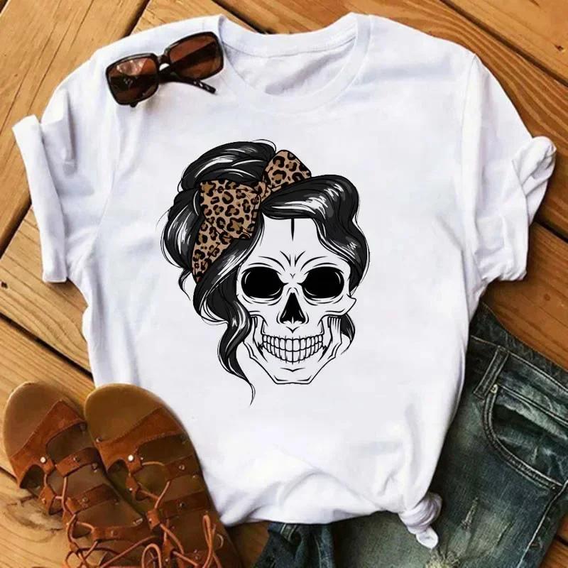 New Cartoon Mama Leopard Turban Skull Print Women Tshirts Casual Oneck Tops Loose Harajuku White T Shirt Korean Style Clothes